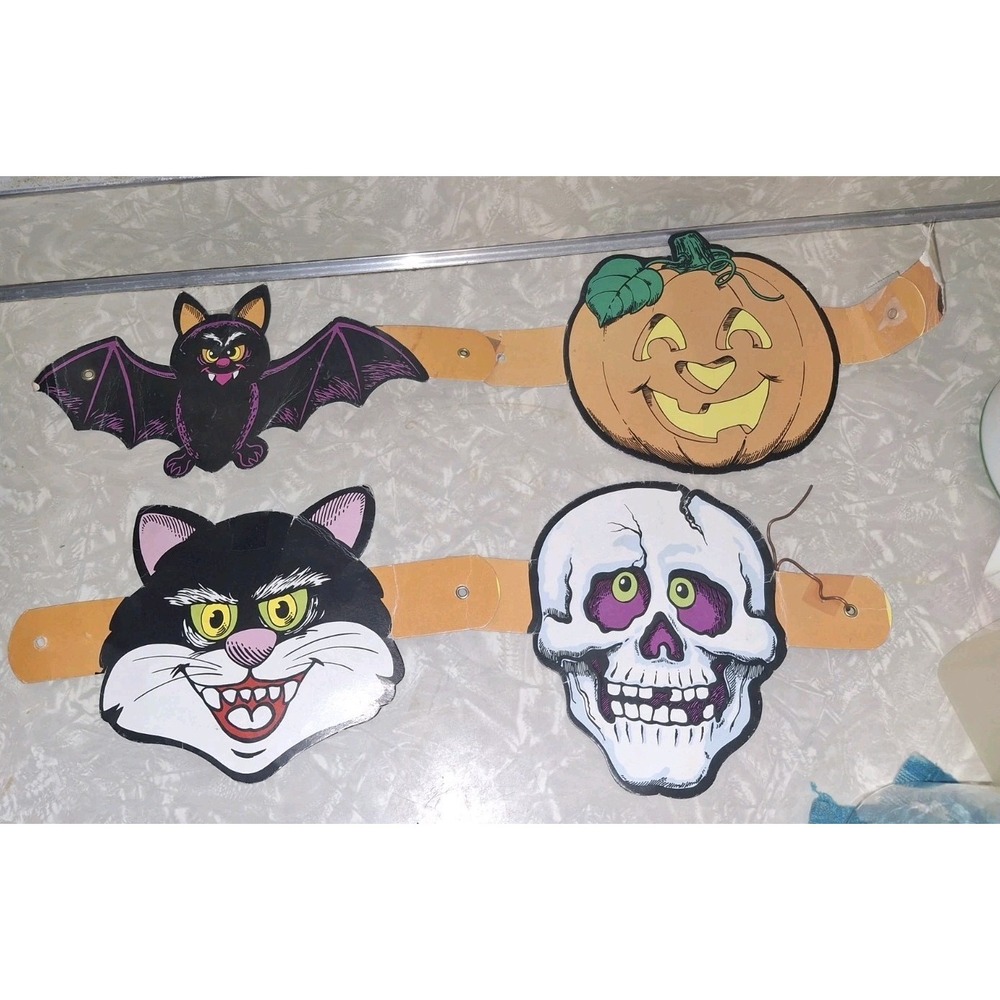 Vintage Halloween Cardboard Diecut Bat Spooky Cat Skeleton Pumpkin Detatched